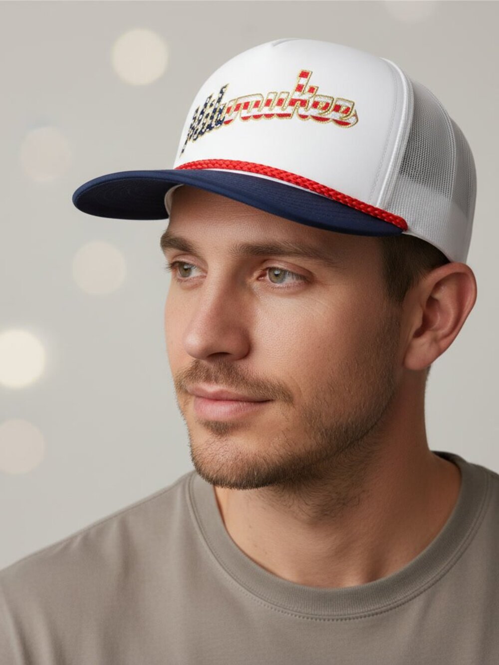 Milwaukee Script Rope Hat White Navy Red Patriotic